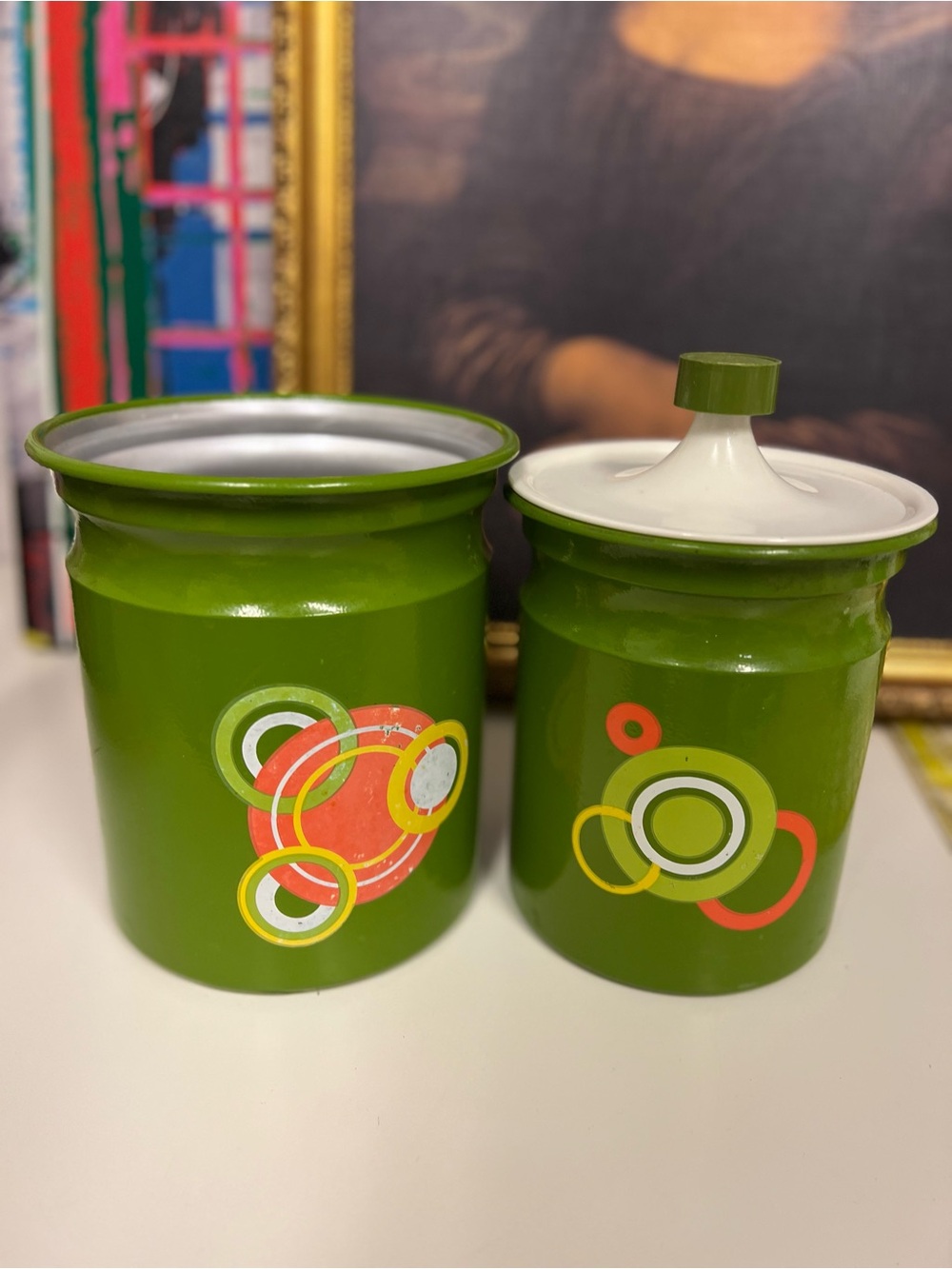 Vintage MCM Kromex atomic circle canister set of 2 and 1 lid
